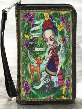 Frida-Inspired Floral Zip Wristlet Clutch in Black